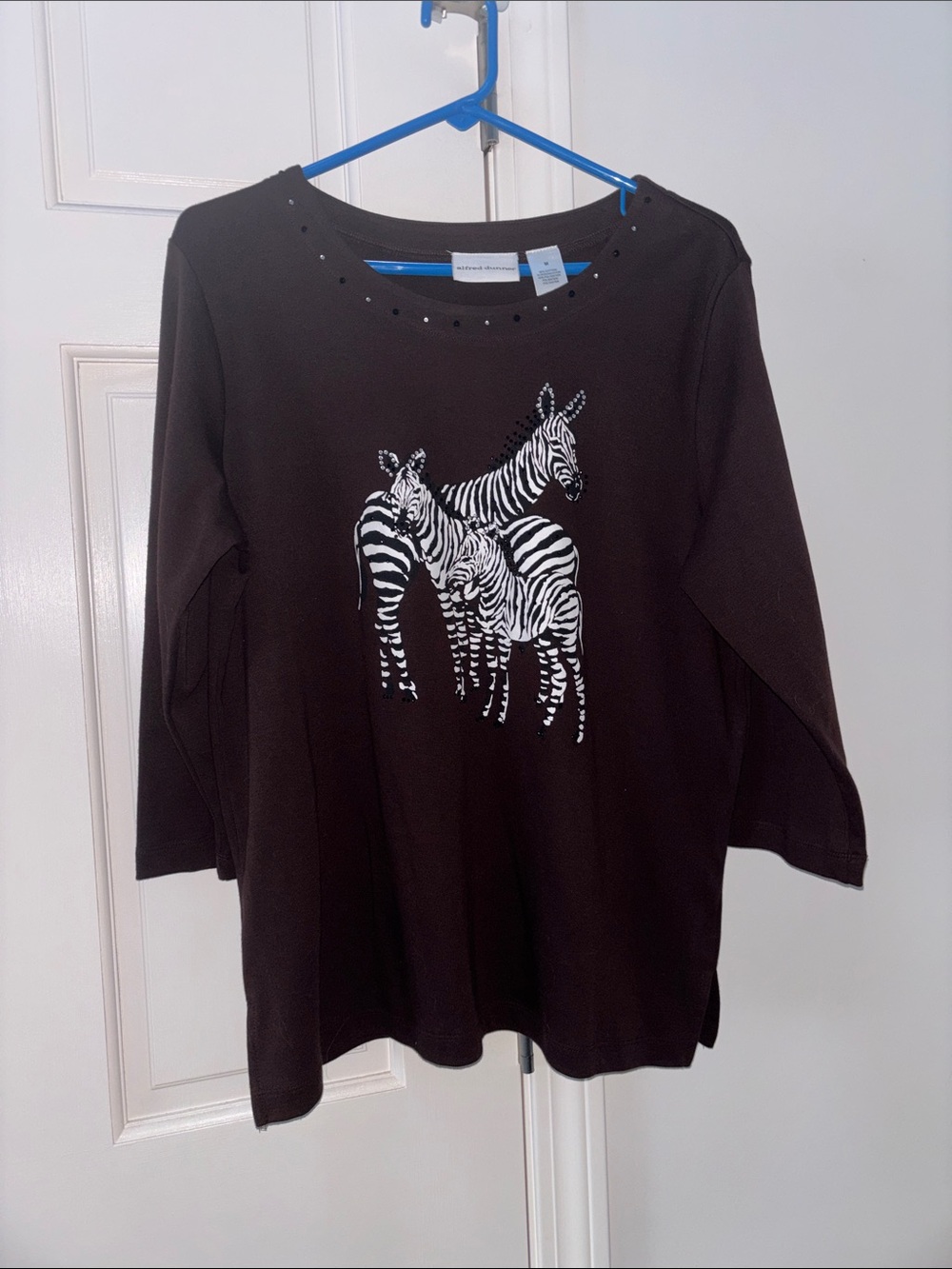 Alfred Dunner Brown Zebra Print 3/4 Sleeve Top with Stud Accents